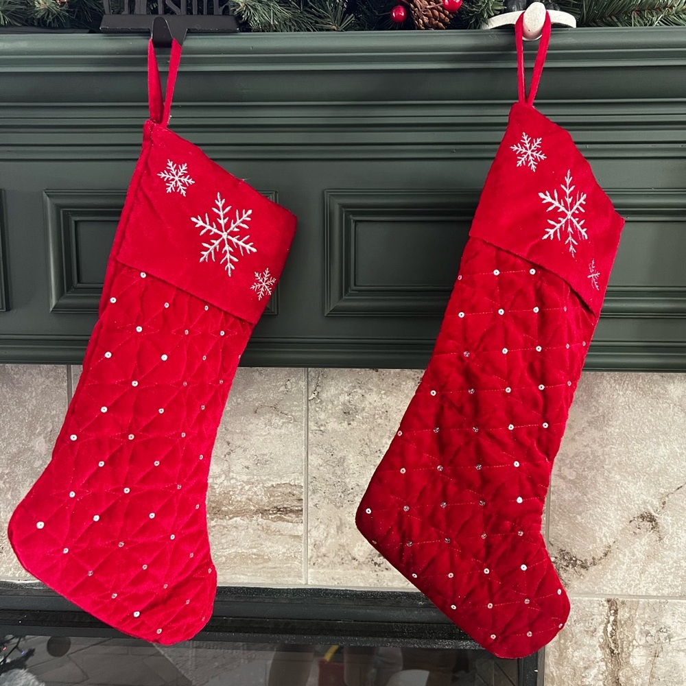 Red Holiday Stockings with Snowflake Design Set Of 2